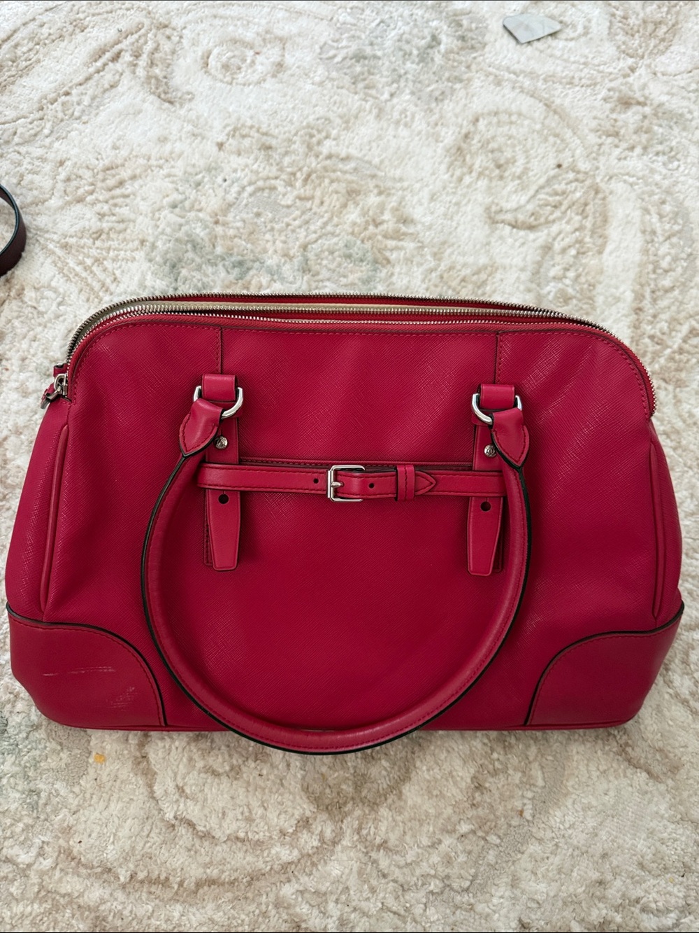 Tumi Red Leather Dome Satchel with Belt Detail